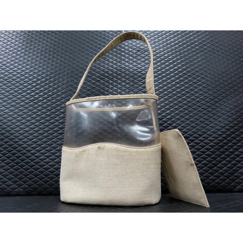 PRADA Canvas Vinyl Hobo Bag Beige Clear Embossed Shoulder